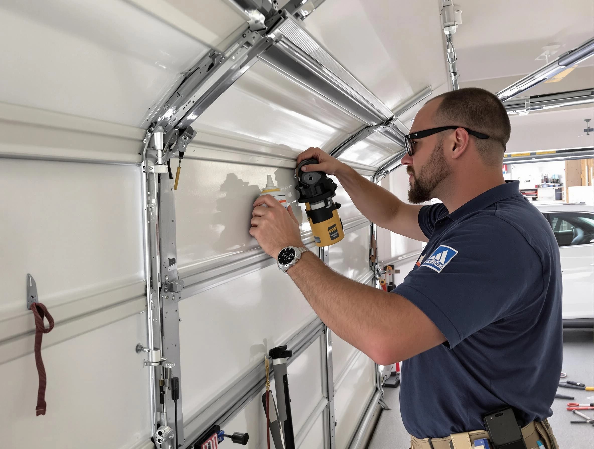 Blackwells Mills Garage Door Repair technician performing comprehensive noise reduction service in Blackwells Mills